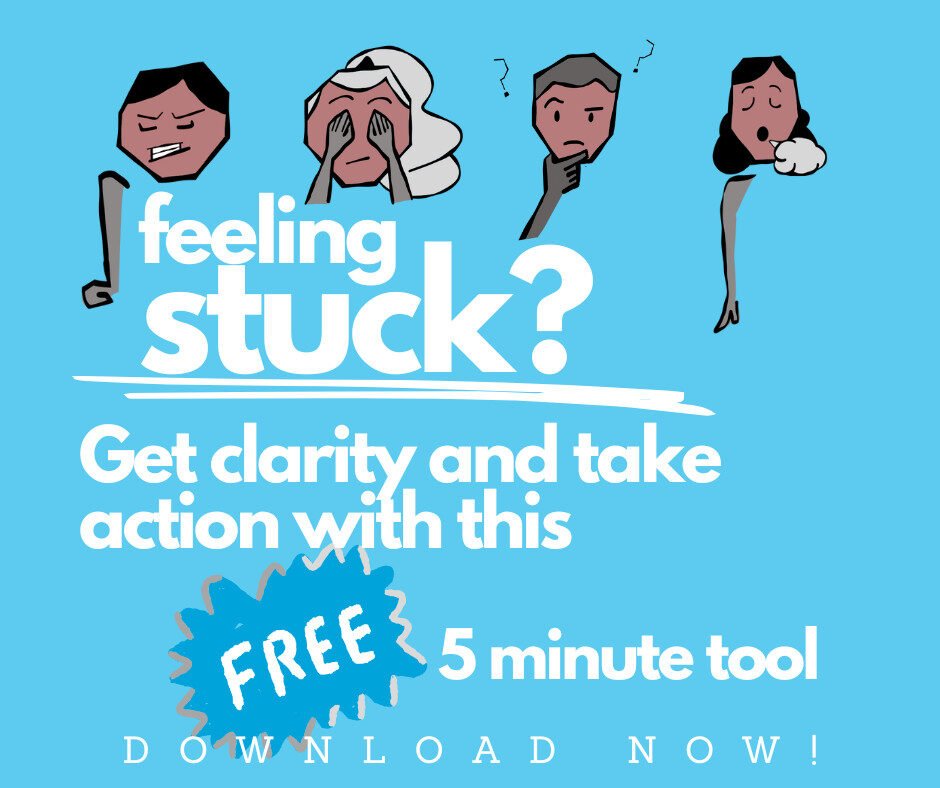 Getting Unstuck. Illustrations with copy: Feeling Stuck? Get clarity and take action with this free 5 minute tool.